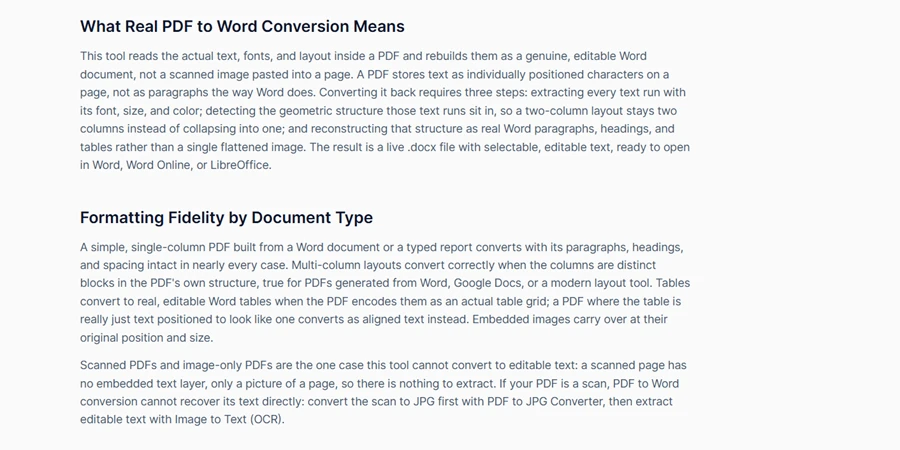 DailyCompressor PDF to Word page sections "What Real PDF to Word Conversion Means" and "Formatting Fidelity by Document Type", explaining how text, layout, and tables are rebuilt and why scanned PDFs need OCR