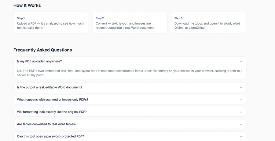 How It Works steps and Frequently Asked Questions on the DailyCompressor PDF to Word page: upload and analyze, convert, then download the .docx