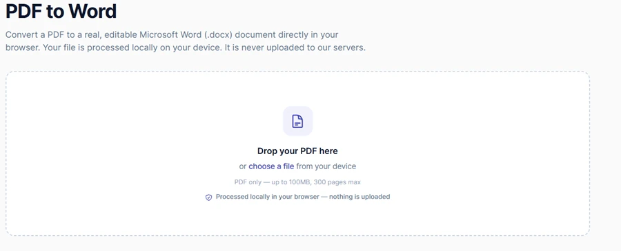DailyCompressor PDF to Word drop zone showing its limits: PDF only, up to 100 MB and 300 pages, processed locally in your browser