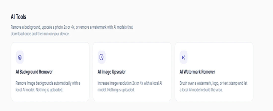 AI Tools category on DailyCompressor showing three tool cards: AI Background Remover, AI Image Upscaler, and AI Watermark Remover
