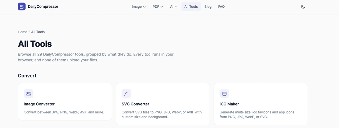 DailyCompressor All Tools page listing every tool by category, starting with the Convert section: Image Converter, SVG Converter, and ICO Maker