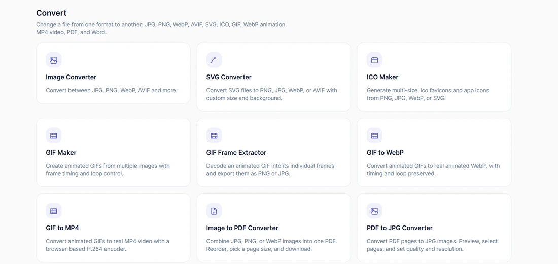 Convert category on DailyCompressor showing nine tool cards, including Image Converter, SVG Converter, ICO Maker, GIF Maker, GIF to MP4, Image to PDF Converter, and PDF to JPG Converter
