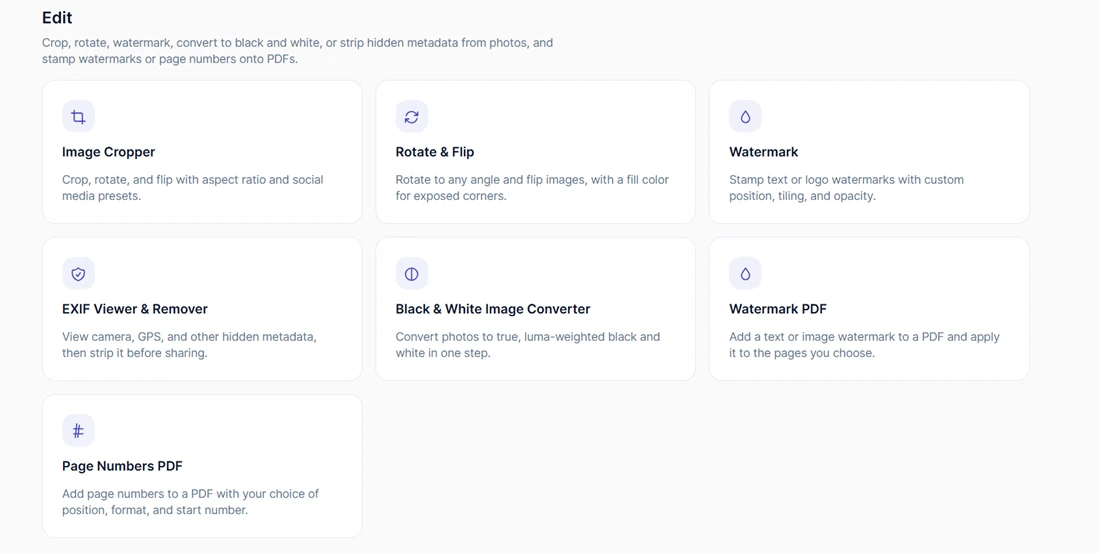 Edit category on DailyCompressor showing seven tool cards: Image Cropper, Rotate & Flip, Watermark, EXIF Viewer & Remover, Black & White Image Converter, Watermark PDF, and Page Numbers PDF