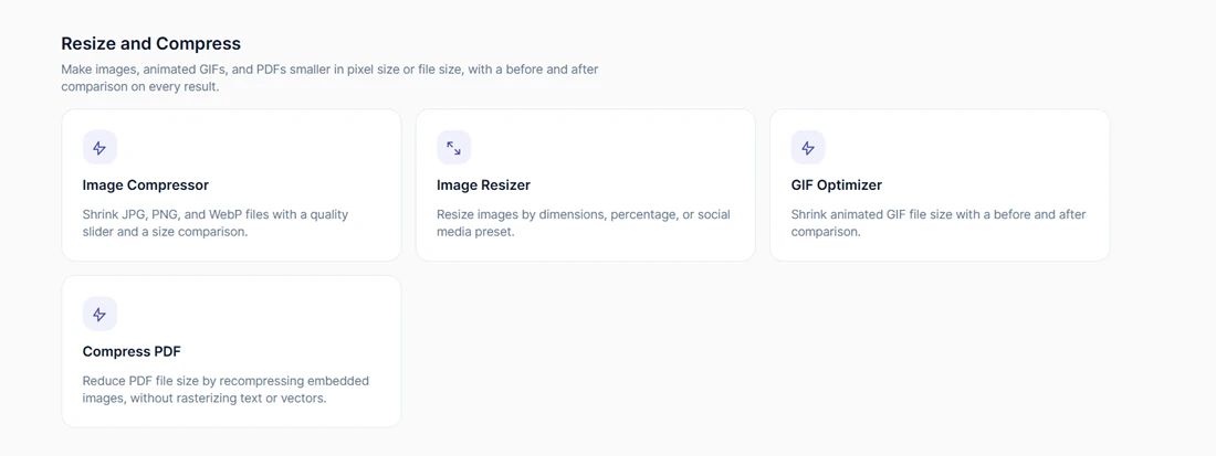 Resize and Compress category on DailyCompressor showing four tool cards: Image Compressor, Image Resizer, GIF Optimizer, and Compress PDF